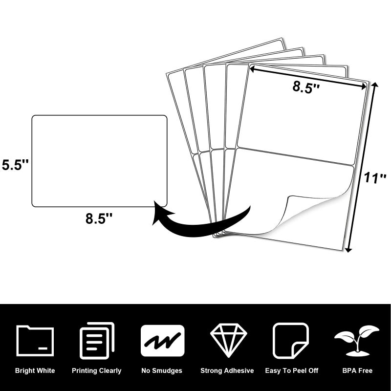 LabelMore 8.5'' x 5.5'' Half Sheet Self Adhesive Shipping Labels for Laser & Inkjet Printers - Rounded Corner - 1000 Labels - Shipping Labels 2 Per Sheet - Image 2